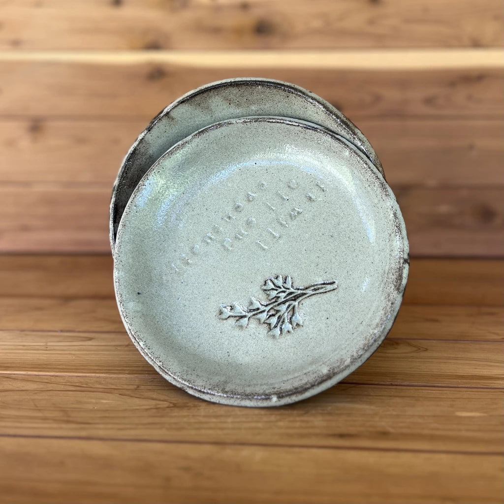 image of two small black ceramic plates in front of a wood background with botanical stamp and silver cream glaze