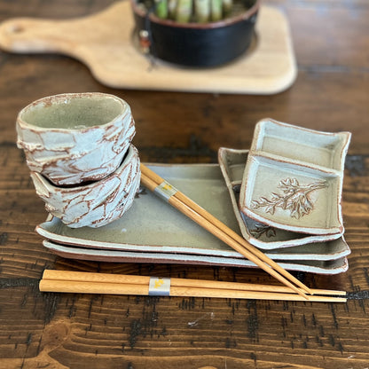 6 piece slab built red clay sushi set with silver blue oat glaze including kurinuki cups and chopsticks