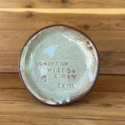 rustic slab built red stone ceramic plate with saying "tomorrow will be a new day" and cream glaze